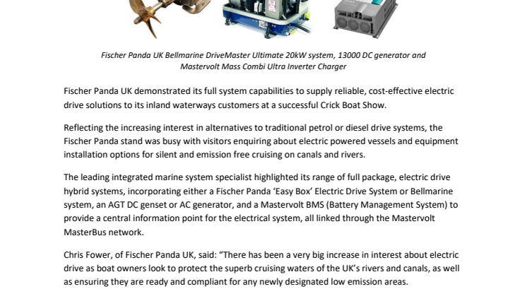 Fischer Panda UK Delivers Full Package Electric Drive Hybrid System Offering to Visitors at Crick