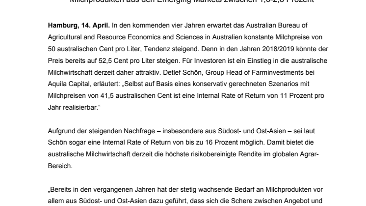 Australische Milchwirtschaft bietet höchste risikobereinigte Rendite im globalen Agrar-Bereich