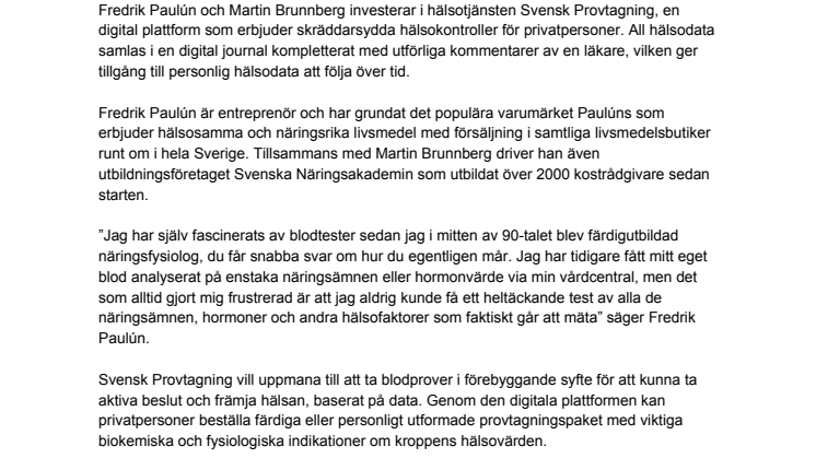 ​Fredrik Paulún och Martin Brunnberg investerar i hälsotjänsten Svensk Provtagning – hälsokontroll online