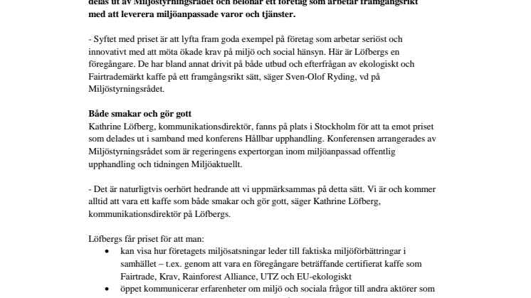 Löfbergs prisas för sitt hållbarhetsarbete