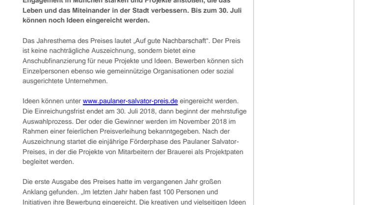 Bewerbungsfrist für Paulaner Salvator-Preis endet in knapp drei Wochen 
