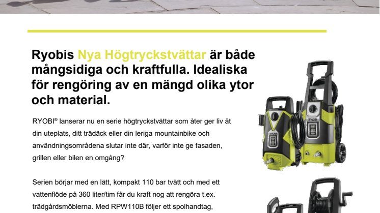 Ryobis nya serie med fyra högtryckstvättar gör rent hus!