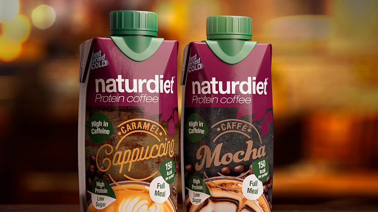 Naturdiet Protein Coffee lanseras i smakerna Caramel Cappuccino och Caffè Mocha och påminner om söta iskaffedrycker från kafé, fast med bättre näringsinnehåll, vitaminer, mineraler och färre kalorier.