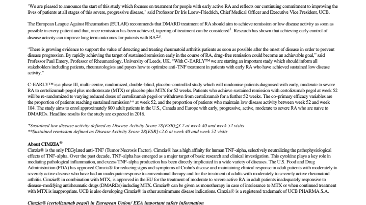 UCB announces start of C-EARLY™ study for Cimzia® (certolizumab pegol) in rheumatoid arthritis