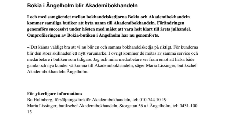 Bokia i Ängelholm blir Akademibokhandeln 