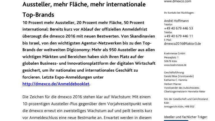 Kurz vor dmexco Anmeldeschluss: Mehr Aussteller, mehr Fläche, mehr internationale Top-Brands