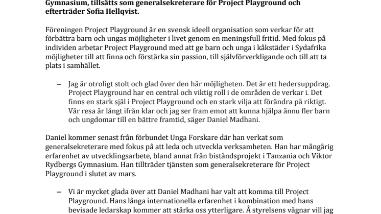 Daniel Madhani tillsätts som generalsekreterare för Project Playground