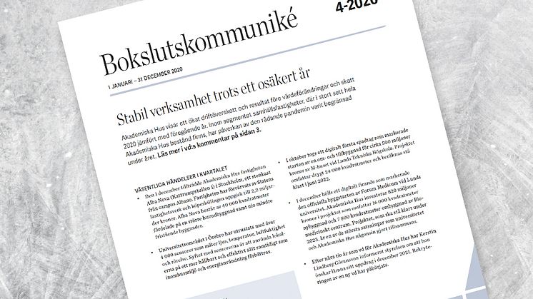 Bokslutskommunikén 2020: Stabil verksamhet trots ett osäkert år