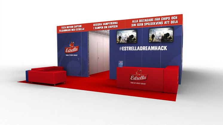 3D-skiss av Estrellas DreamHack-monter där besökarna kan prova på Motion capture. 