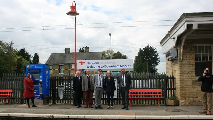 Celebrating the heritage makeover of Downham Market station with (L-R) Chris Green, Colin Sampson, Andrew Sidgwick, Liz Truss and Graeme Pratt