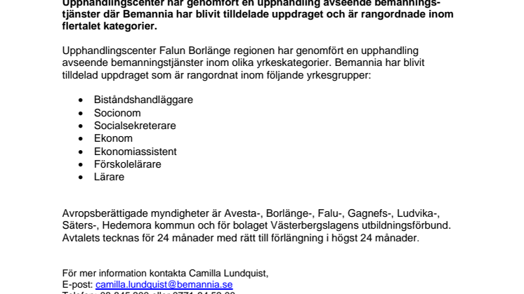 Bemannia tecknar avtal med Upphandlingscenter Falun Borlänge-regionen