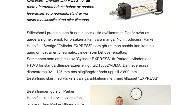 Cylinder EXPRESS från Parker – pneumatikcylindrar till nästa dag.