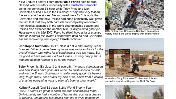 KTM RIDERS ENJOY GREAT SUCCESS AT THE 2014 SIX DAYS IN ARGENTINA!