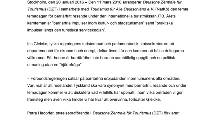 DZT organiserar temadag för barriärfritt resande under turistmässan ITB 2016 i Berlin