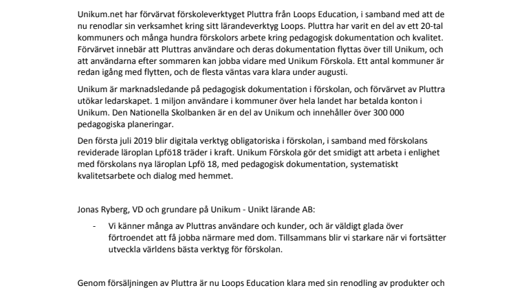 Pluttra blir del av marknadsledaren Unikum.net när Loops renodlar