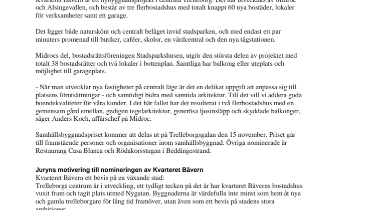 Midrocs nybyggnadsprojekt i Trelleborg nomineras till samhällsbyggnadspris