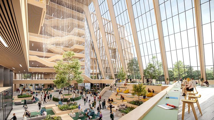 LINK står for arkitekturen i bygget og legger rammene for hovedgrepet for flyt og logistikk i prosjektet. Illustrasjon: LINK arkitektur / Axion Visuals. 