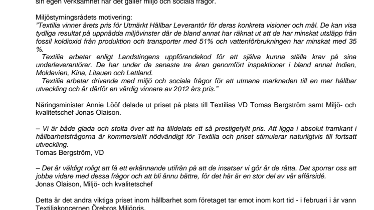 Miljöstyrningsrådets hållbarhetspris gick till Textilia!