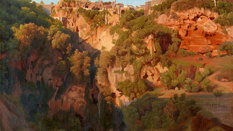 Ernst Fries, The Waterfalls at Tivoli with the Ponte Lupo, Temple of Vesta, and Temple of Sibyl