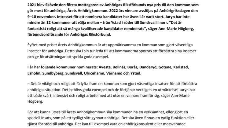 12 nominerade kan bli Årets Anhörigkommun