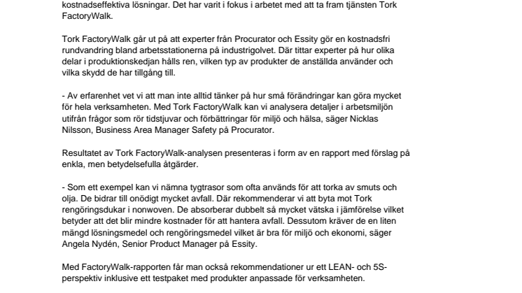 Procurator och Essity i  satsning för miljö, hälsa och kostnadseffektivitet inom industrin