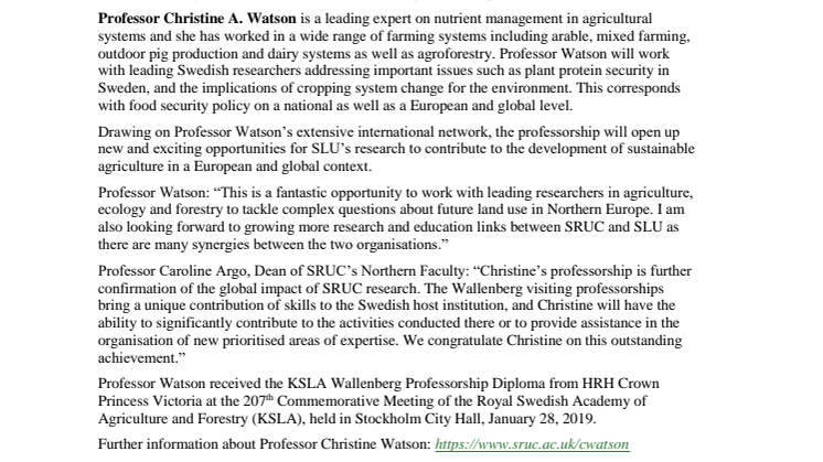 Professor Christine A. Watson, SRUC, UK, is the 7th holder of the KSLA Wallenberg Professorship