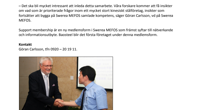 Kinesiska Baosteel inleder samarbete med Swerea MEFOS