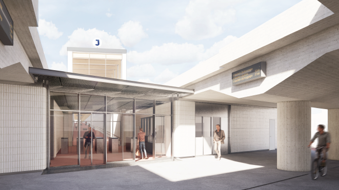 2025 står en ny sydlig entré till Häggviks station klar. Illustration från Trafikverkets arbetsmaterial på hur entrén planeras se ut, mellan befintliga spår. Arkitekt Gottlieb Paludan Architects.