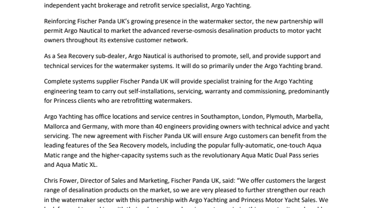 Fischer Panda UK Approves Argo Nautical Ltd as Sub-Dealer for Sea Recovery Watermakers