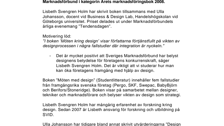 ”Möten kring design” fick hedersomnämnande som Årets marknadsföringsbok 2008