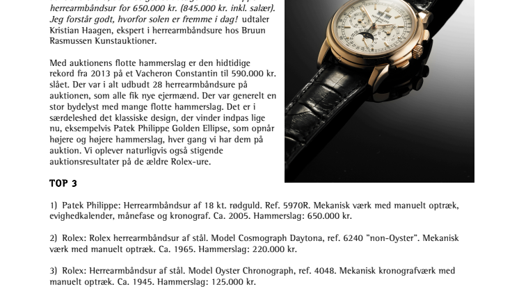 Auktionsrekord: Patek Philippe solgt for 650.000 kr. 