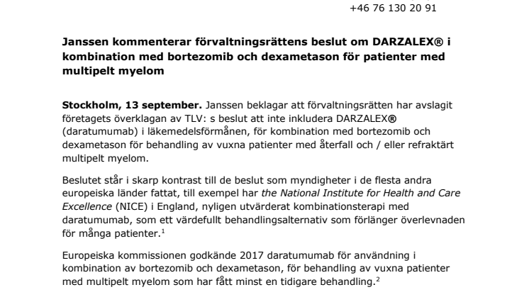 Janssen kommenterar förvaltningsrättens beslut om Darzalex i kombination med bortezomib och dexametason för patienter med multipelt myelom