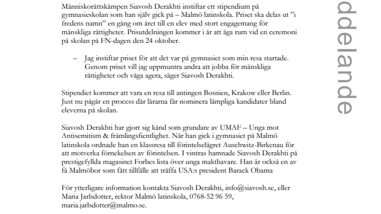 Siavosh Derakhti instiftar pris på sitt gymnasium