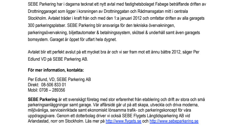 SEBE Parkering tecknar ett nytt avtal med Fabege!
