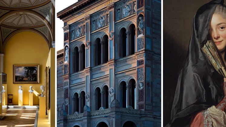 The gallery from 1800-1870, evening light on the façade and Alexander Roslin’s The Lady with the Veil. Photographs: Bruno Ehrs and Nationalmuseum.
