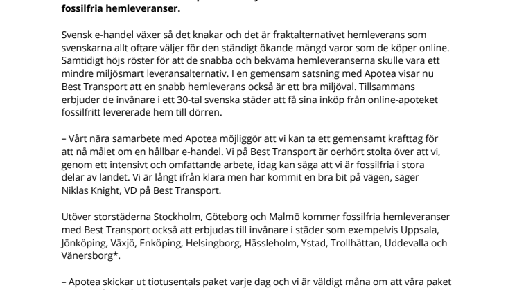 Fossilfria hemleveranser i ett 30-tal städer: Best Transport och Apotea i gemensam miljösatsning 
