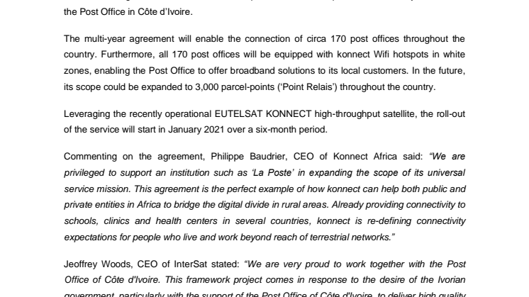 Eutelsat’s konnect to provide connectivity services to the Post Office network in Côte d’Ivoire