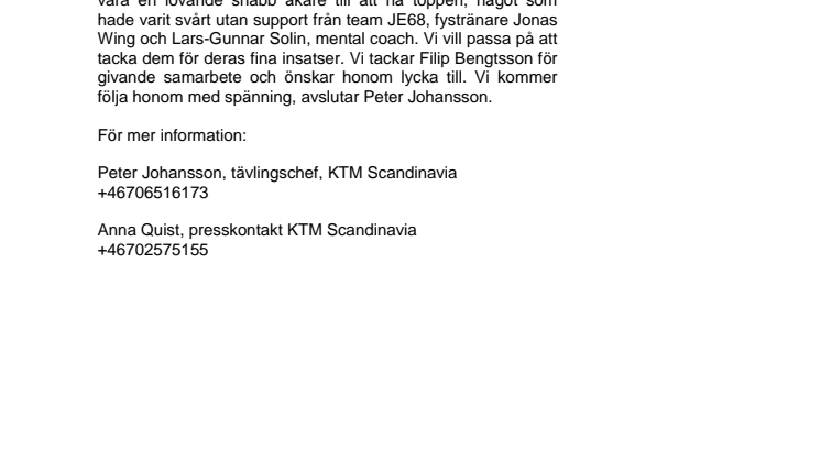 KTM tackar Filip Bengtsson för fint samarbete