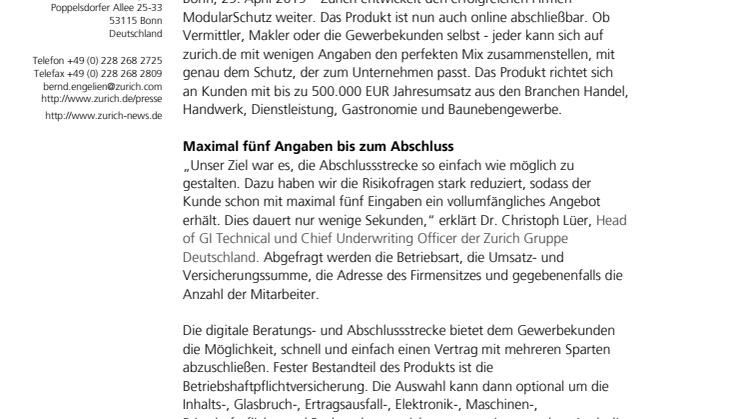 Digitalisierung für Gewerbekunden: Zurich Firmen ModularSchutz online abschließbar