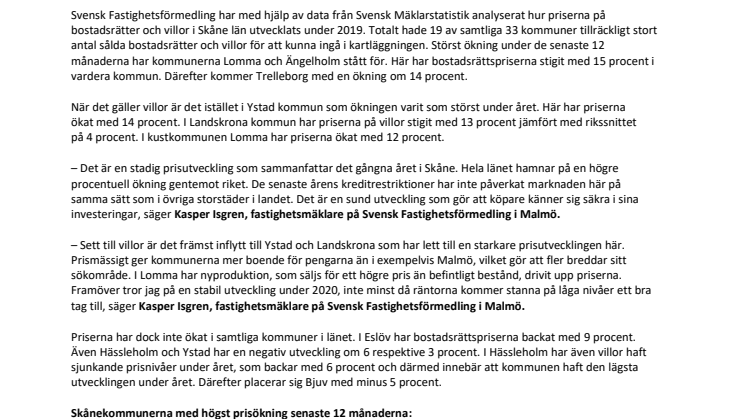 Svensk Fastighetsförmedlings årsresumé: Så har priserna utvecklats på bostadsmarknaden i Skåne