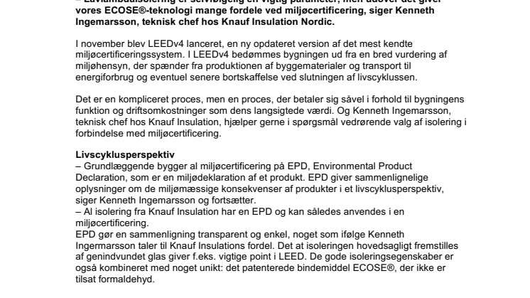 ECOSE®-teknikken fra Knauf Insulation giver mange miljøpoint