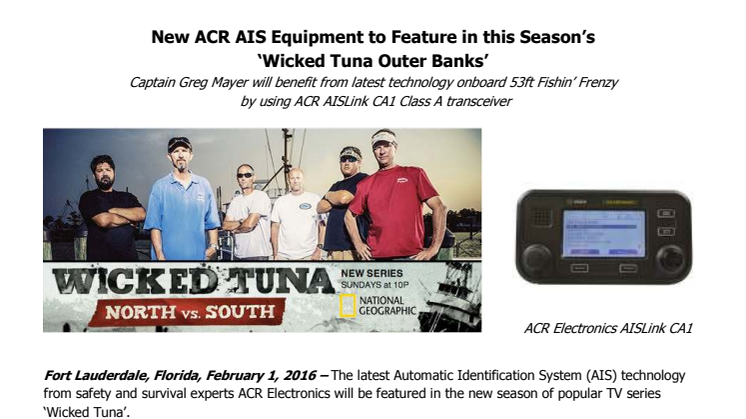 ACR Electronics Inc: New ACR AIS Equipment to Feature in this Season’s ‘Wicked Tuna Outer Banks’