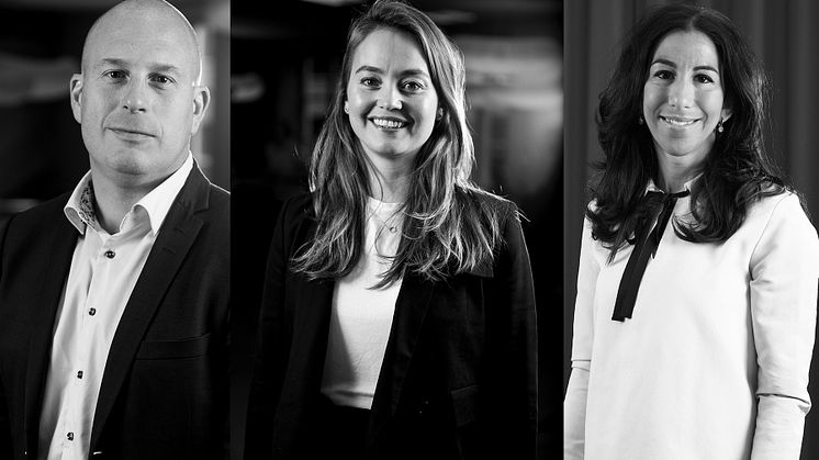 Fredrik Brorsson (Fastighetschef Bostäder), Cecilia Eisen (CFO), Nadia Lousseief (tillträdande Chefsjurist).