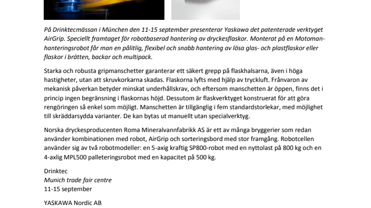 Hantering av flaskor – pålitligt, snabbt och flexibelt med MOTOMAN-robot och AirGrip® 