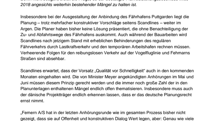 Planfeststellungsverfahren der Festen Fehmarnbeltquerung: Herausforderungen für Scandlines bleiben bestehen