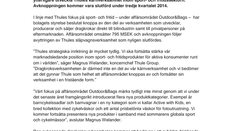 Thule renodlar verksamheten med fokus på sport och fritidssektorn – knoppar av dragkroksverksamheten