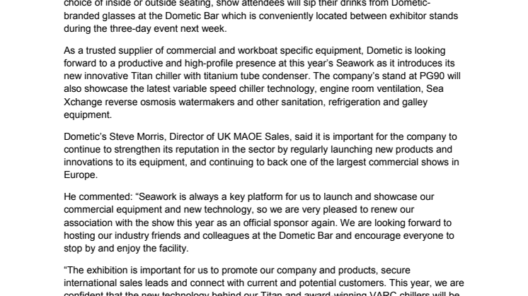 Dometic: HVAC Specialist to Host "Dometic Bar" at Seawork