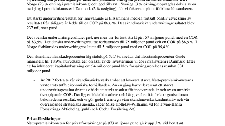 Trygg-Hansa/Codan visar god tillväxt och stark lönsamhet 2012
