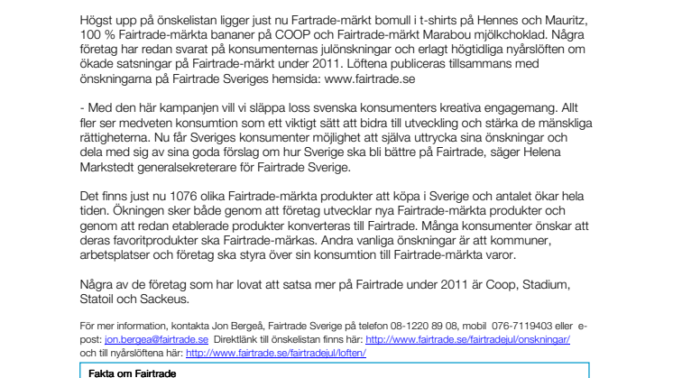 Svenska konsumenter önskar Fairtrade i jul -  tusentals julönskningar och nyårslöften om Fairtrade i unik julkampanj