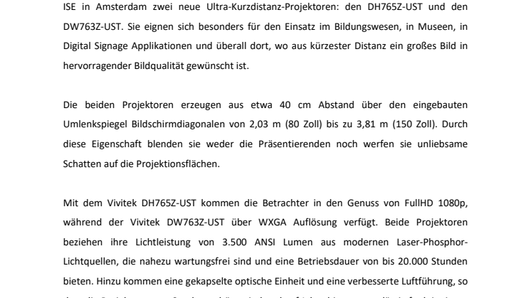 VIVITEK MIT ZWEI NEUEN ULTRA-KURZDISTANZ-PROJEKTOREN AUF DER ISE
